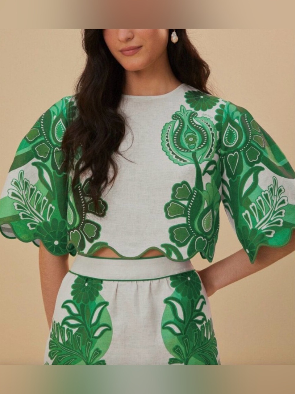 New W/ Tags FARM Rio Green Festival Floral Linen Scalloped Cropped Blouse XS